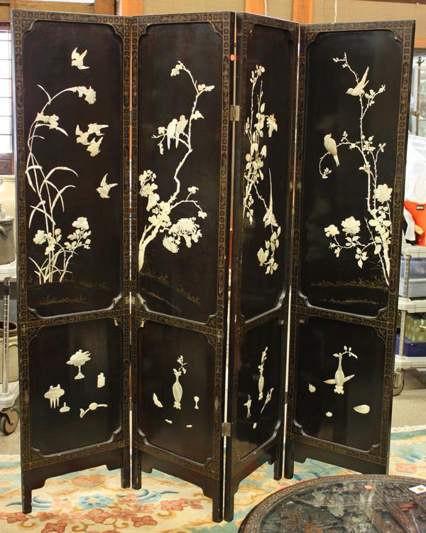 Chinese Mother-of-Pearl Inlaid Lacquer Screen: Chinese four-panel mother-of-pearl inlaid lacquered wood screen, featuring bird-and-flower scenes of the four seasons picked out in mother-of-pearl inlay and silhouetted against a black lacquer ground