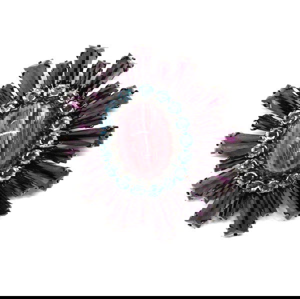 Schreiner New York fashion jewelry brooch: Rare signed Schreiner of New York fashion jewelry brooch, deep purple ruffled with light blue around a center marbled stone of purple and white, 63mm x 58mm