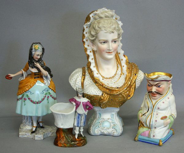 Continental porcelain bust, creamer, toothpick: (lot of 4) Continental porcelains consisting of a bisque bust of a woman accented with gilt enameling, 9.75''h; R. Ginori polychromed figurine of Marie Antoinette, 7''h; a figural toothpick holder, 4.