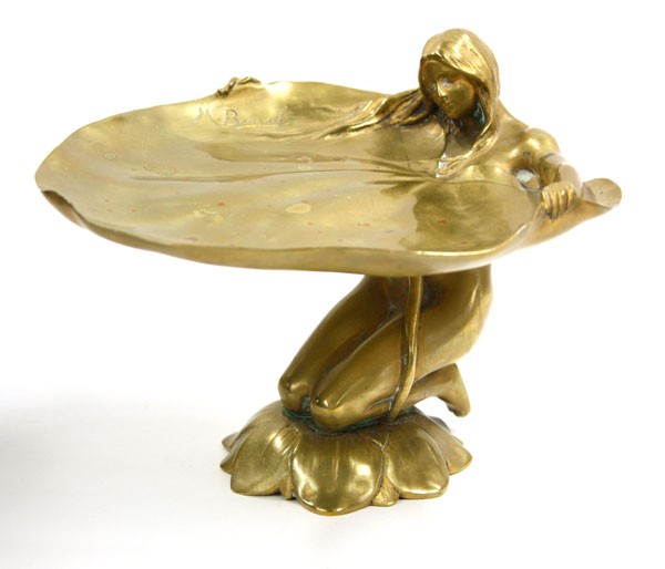 Art Nouveau bronze sculpture of a nude: Art Nouveau bronze sculpture of a nude female kneeling on a bed of leaves with her arms out-stretched gripping a leaf, signed M. Bouval (Maurice Bouval 1863-1916)5.25'' x 7'' x 7''
