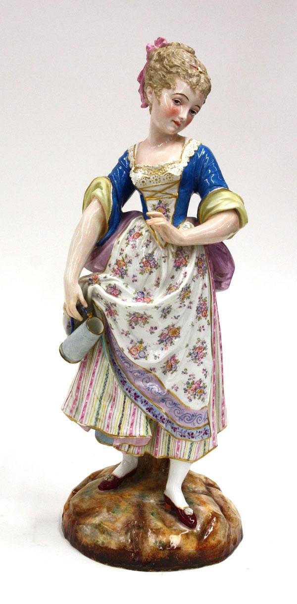 Porcelain statue of maiden: Continental polychromed porcelain statue of a young maiden in provincial attire, signed Paul Duboy, late 19th century, 21''h