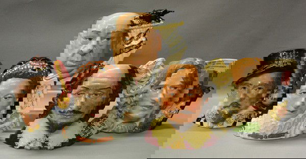 Royal Doulton charecter jugs: (lot of 5) Royal Doulton character jugs, including William Shakespeare, Queen Elizabeth I, Alfred Hitchcock, Oscar wilde, and King James I, largest 7.5''h