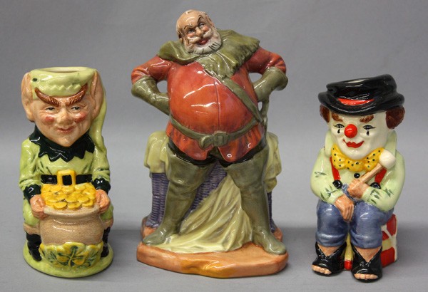 Royal Doulton character jugs and figure: (lot of 3) Royal Doulton figures including 2 character jugs, Leprechaun and The Clown, together with a figure of Falstaff, all signed and titled on base, largest 7''h