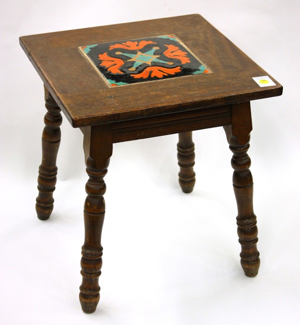 Taylor tile top table: California single large tile table circa 1940, attributed to Taylor tilery, having a single large inset tile top rising on turned legs, 17''h x 16''w