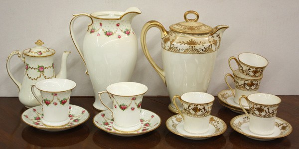 1930's Noritake porcelain service: (lot of 15) 1930's Noritake porcelain service for four in a white ground hand decorated with floral gilt enameling consisting of a coffee pot, cups, and saucers; together with a Royal Doulton porcelai