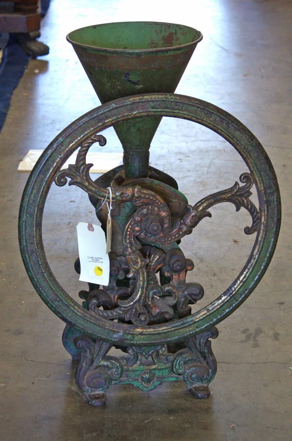 Antique iron coffee grinder: Antique iron coffee grinder, 19"h