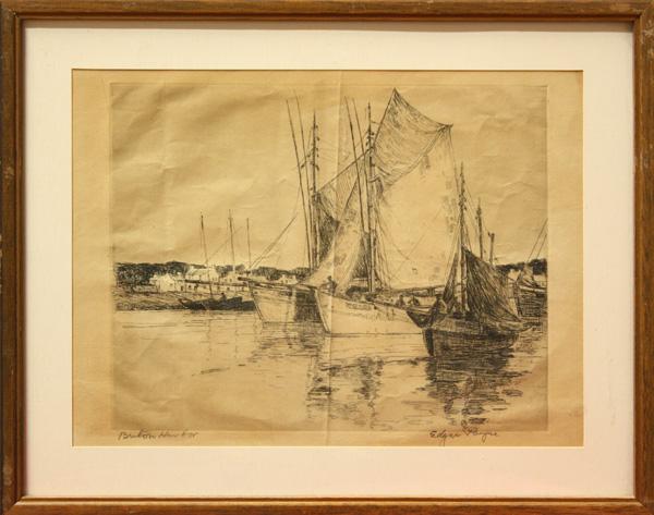 Print, Edgar Alwin Payne, Harbor: Framed etching, ''Breton Harbor,'' by Edgar Alwin Payne (Californian, 1883-1947) signed lower right, titled lower left, overall 11.75''h x 14.75''w