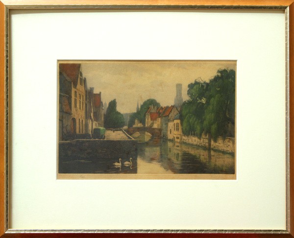 Print, Frederic Louis Leve, Canal Scene: Framed color etching and aquatint, Canal scene with Swans, by Fr?d?ric Louis Leve (French, 1877-1968), pencil signed lower right, numbered 23/350, stamped lower left, overall: 17''h x 21''w