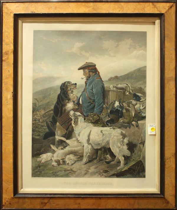 Print, Fredreic Stackpoole, The Scotch Gamekeeper: Framed hand-colored engraving, ''The Scotch Gamekeeper,'' by Frederic Stackpoole (Stacpoole) (Britsh, 1813-1907), after Richard Ansell (British, 1815-1885), unsigned, overall: 37.25''h x 31.25''w