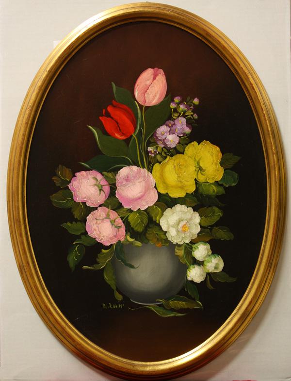 Painting, R. Rosini, Still Life with Flowers: Framed oil on board, Still Life with Flowers, by R. Rosini (American, 20th century), signed lower left, overall: 30.5''h x 22.5''w