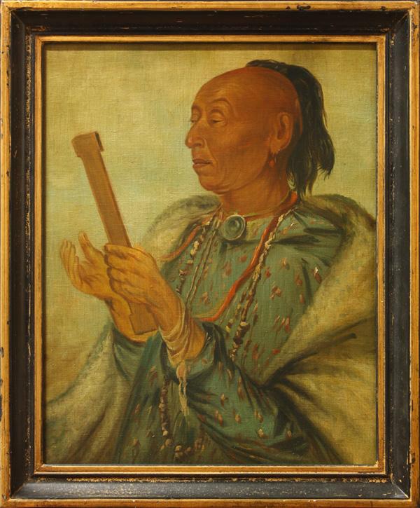 Painting, after George Catlin, Ah-ton-we-tuck: Framed oil on linen, ''Ah-ton-we-tuck with Prayer Stick,'' Contemporary, after George Catlin (American, 1796-1872), unsigned, overall: 23.5''h x 19.5''w