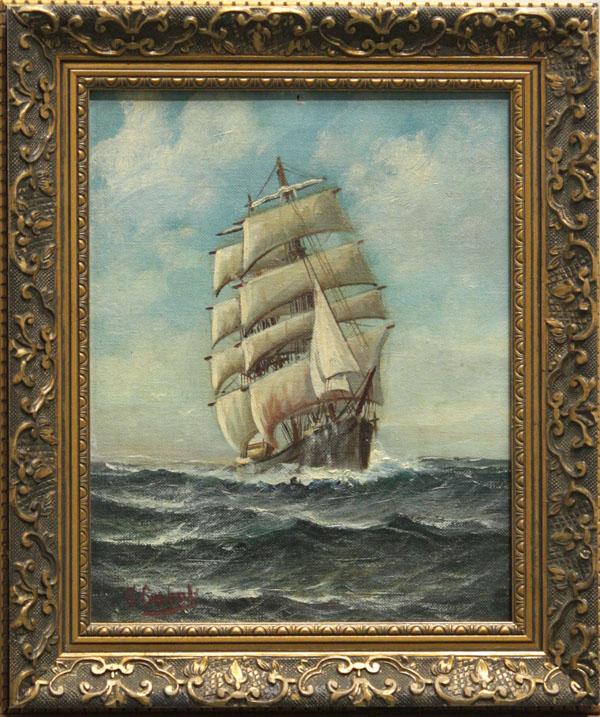 Painting, Alfred Gabali, Sailing Ship: Framed oil on board, Sailing Ship, by Alfred Gabali (Massachusetts, 1886-1963), signed lower left, overall: 13''h x 10.5''w