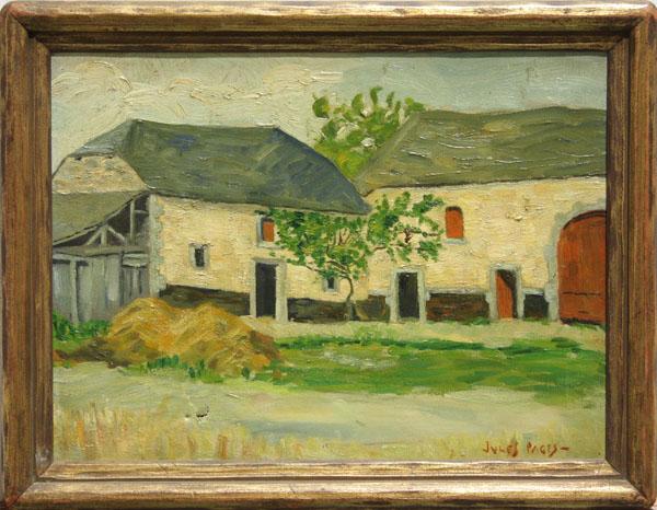 Painting, Jules Pages, French Courtyard with Tree: Framed oil on canvas, French Courtyard with Green Tree, attributed to Jules Eugene Pages (California/France, 1867-1946), bears signature ''Jules Pages'' lower right, sight: 11.25''h x 15.25''w, overal