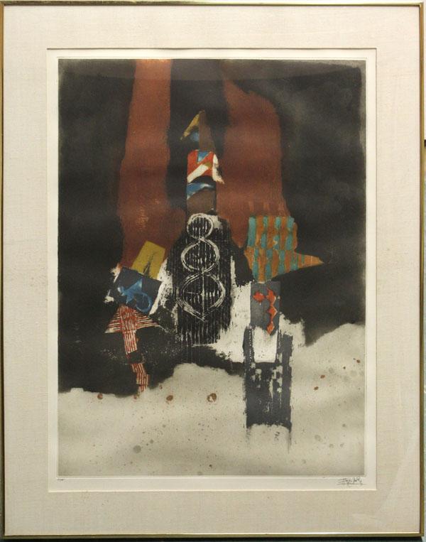 Print, Johnny Friedlander, Abstract Composition: Framed etching and aquatint, Abstract Compostition, by Johnny Friedlander (German, 1912-1992), numbered 25/35, pencil signed lower right, overall: 37.75''h x 30''w