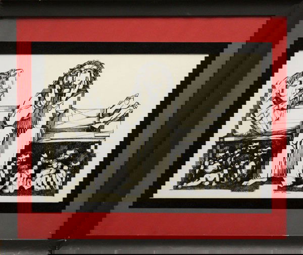 Drawing, James Neal, Figures on and Under a Bed: Framed pen and ink drawing on paper, Figures On and Under a Bed, by James Neal (British, b. 1918), signed lower center, overall: 22.625''h x 26.625''w