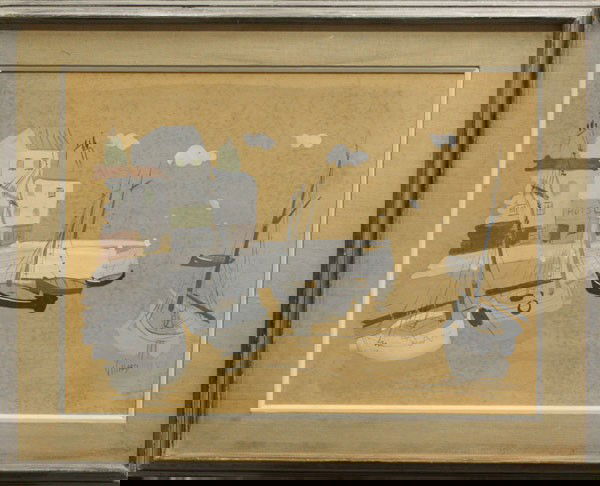 Gouache, Antoine Villard, Dock with Sailboats: Framed gouache on board, Dock with Sailboats, by Antoine Villard (French, 1867-1934), signed lower right, overall: 30''h x 38''w