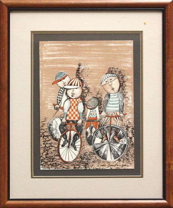 Print, after Graciela Rodo boulanger, Cyclists: Framed lithograph, Four Cyclists, after Graciela Rodo Boulanger (Bolivian, b. 1935), stone signed lower right, overall: 20.25''h x 16.75''w