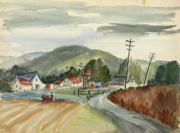 Watercolor, oil, Ted Lewy, Pescadero Scenes: (lot of 2) Unframed watercolors on board, ''Pescadero, California'' and ''Water Lane Rd. in Pescadero'' by Ted Lewy (California, 1912-1963), each signed and titled, largest overall: 22''h x 30''w