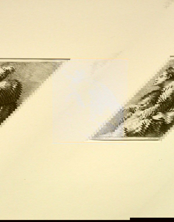 Etching, J. Mariette, after Poussin, Woman and Ch: Unframed etching, Portrait of a Woman and Child, by J. Mariette (French, 19th Century), after Nicolas Poussin, sheet: 6.25''h x 5.375''w, mat: 18''h x 14''w