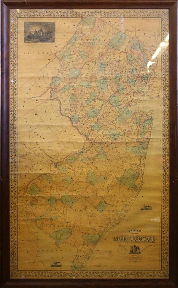 Map, State of New Jersey, S.N. Gaston: Framed hand-colored map, ''A New Map of the State of New Jersey,'' 1858, published by S.N. Gaston, drawn by C.W. Morse map of New Jersey, overall: 47''h x 28.5''w