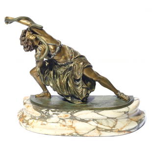 Sculpture, Claire Jeanne Roberte Colinet: Claire Jeanne Roberte Colinet (French, 1880/85-1948/50), "Dance of Carthage," c. 1925, bronze sculpture on marble base, signed on bronze base, overall (with base): 11"h x 14"w x 6"d. Provenance: Purch