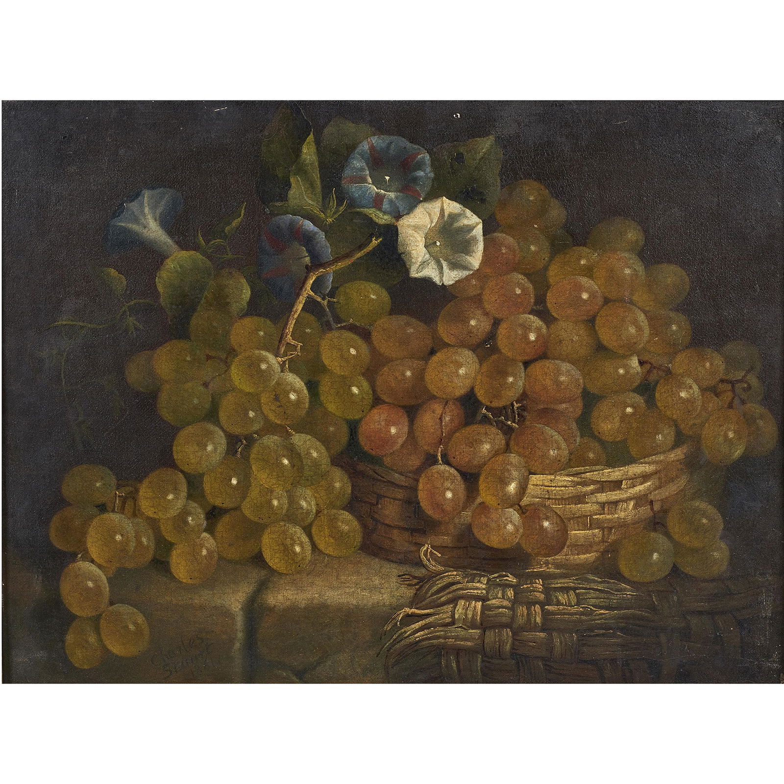 Painting, Charles Stuart: Charles Stuart (British, 1854-1904), Light Grapes and Morning Glory, 1861, oil on canvas, signed and dated lower right, artist label and title affixed stretcher bar verso, canvas: 14.25"h x 18.25"w, o