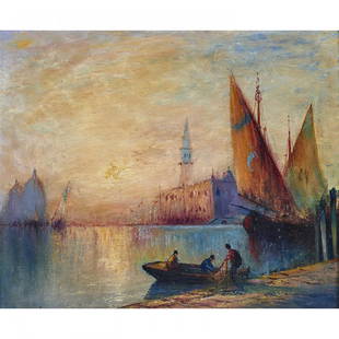 Painting, George Henry Bogert: George Henry Bogert (American, 1864-1944), Venice, oil on panel, unsigned, artist plaque affixed to frame lower center, panel: 18"h x 22"w, overall (with frame): 23.5"h x 27.5"w. Provenance: Private C