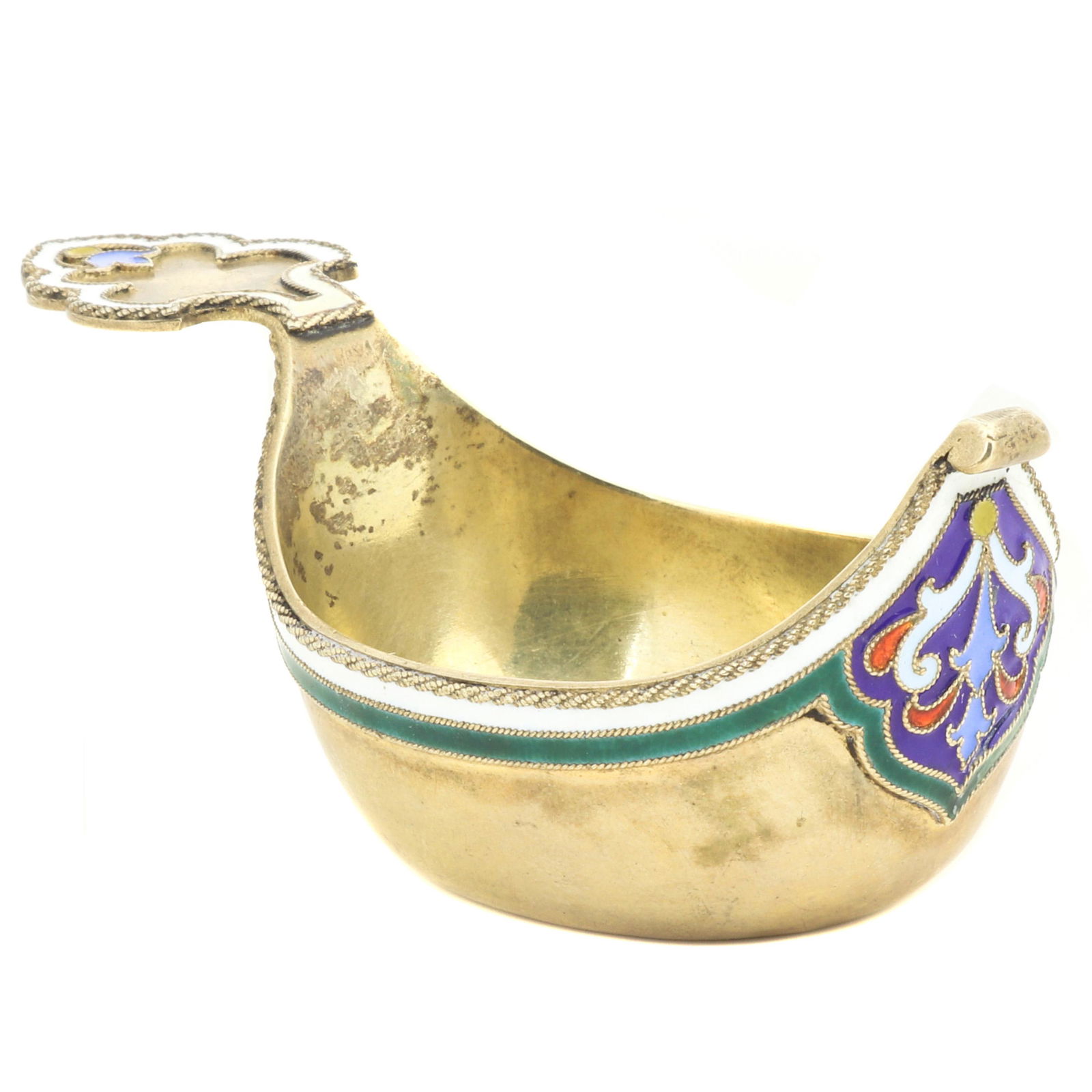 A miniature Russian enameled gilt vermiel 88 silver: A miniature Russian enameled gilt vermiel .88 silver kovsh, Grachev Brothers, St. Petersburg, 1898-1907, the boat form enameled with white and green rim banding, twin red and blue fleur de lis lappet