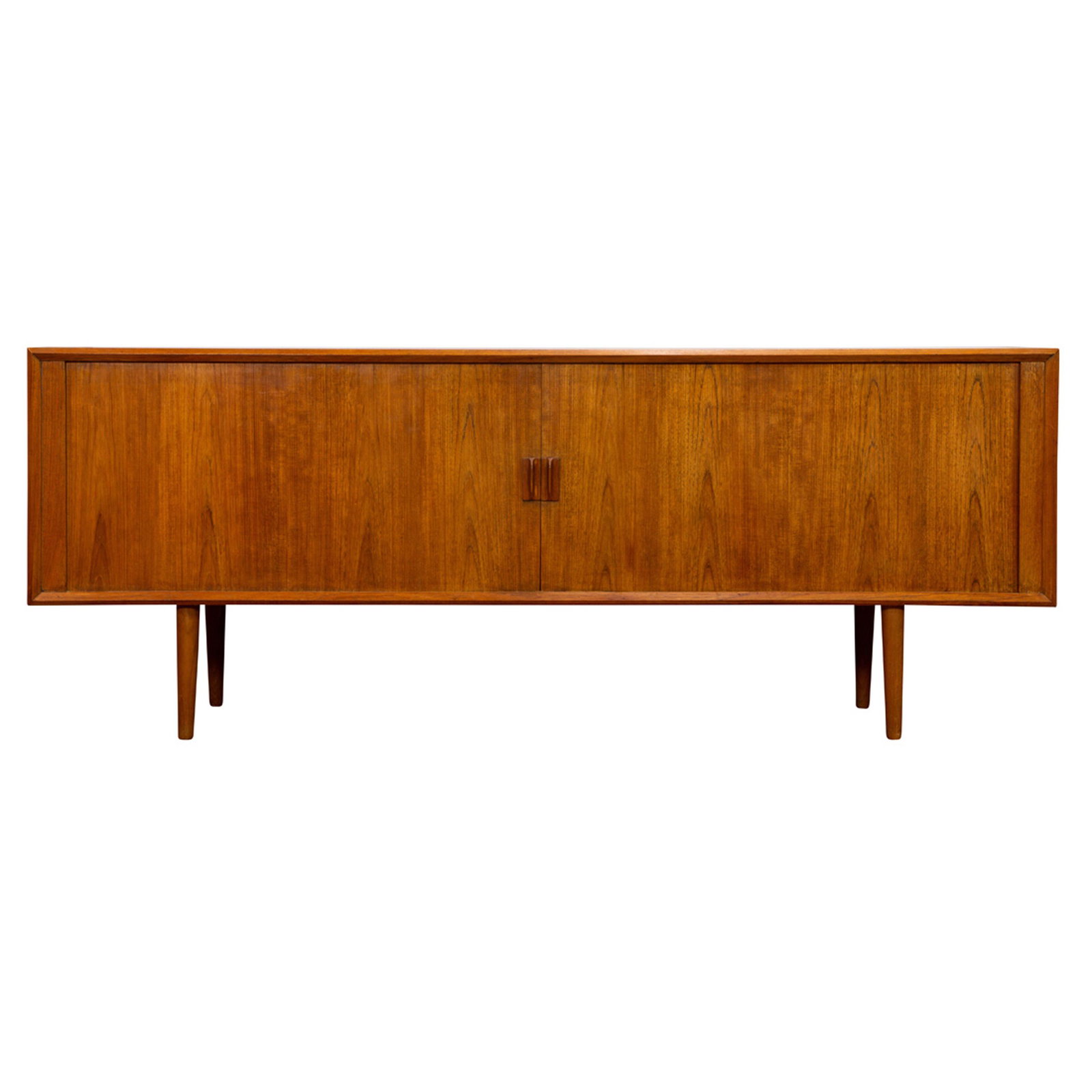 Ib Kofod Larsen, credenza: Ib Kofod Larsen, credenza Farrup Mobelfabrik, 1960s, having two tambour doors opening to a fitted interior, 31"h x 80"w x 19"d