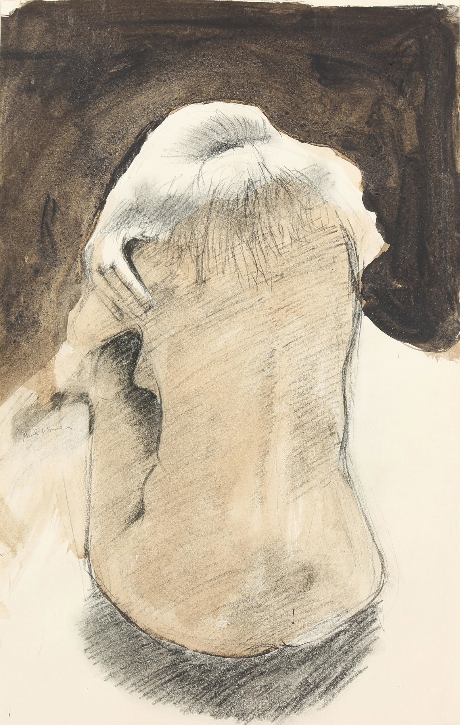 Work on Paper, Paul Wonner: Paul Wonner (American, 1920-2008), "Seated Nude from Rear," 1971, watercolor and pencil on paper, signed center left, gallery label affixed verso, sheet: 16.75"h x 10.5"w, overall (with frame): 23"h x