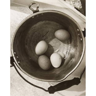 Photograph, Wright Morris: Wright Morris (American, 1910-1998), "Eggs in Pot, Home Place," circa 1947, gelatin silver print, pencil signed verso, image: 9.5"h x 7.5"w, overall (with mat/unframed): 20"h x 16"w. Provenance: