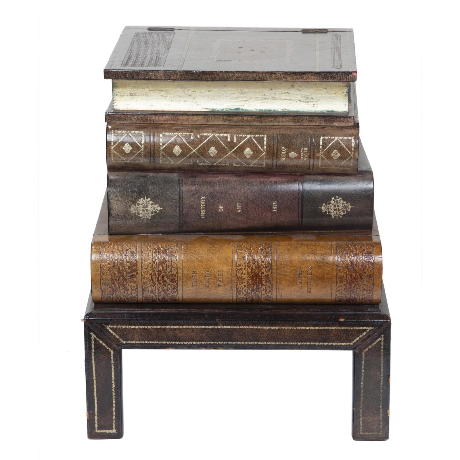 Maitland Smith stacking book form table on stand: Maitland Smith stacking book form table on stand fashioned as a safe, the top book form opening to a secret compartment, the lowest book having a single drawer at the spine, interior with makers mark,