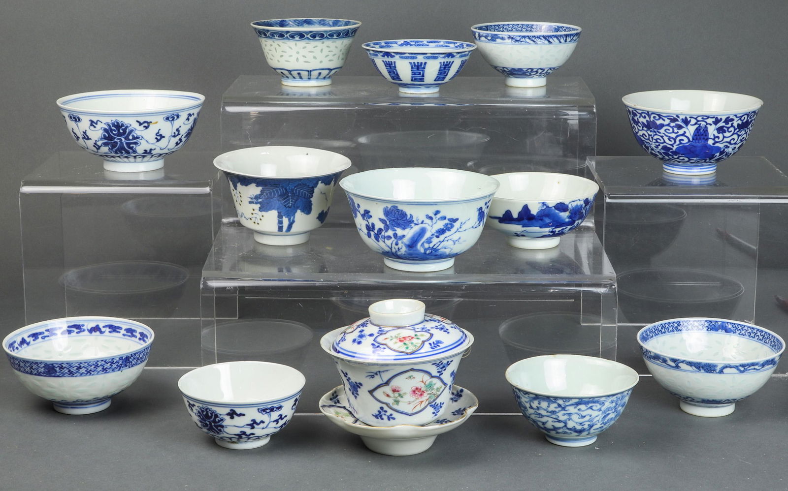 (lot of 13) Chinese blue and white bowls and cups (1 of 3)