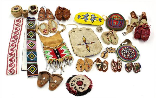 Native American items: Group of Native American items including baskets, beadwork, and miniatures