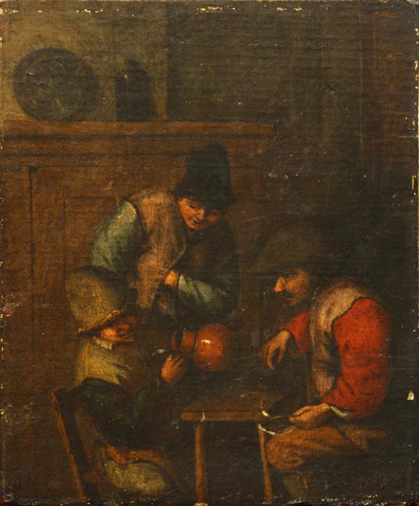 Painting, Adraien Brouwer, Tavern Scene: Unframed oil on wood panel, Tavern Scene with Three Men, possibly by Adriaen Brouwer (Flemish, 1605-1638), remnants of label affixed verso inscribed ''Brauwer,'' overall: 8.25''h x 6.75''w