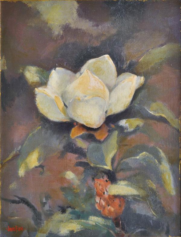 painting, Jade Fon, Magnolia: Framed oil on board, Magnolia, by Jade (Woo) Fon (Californian, 1911-1983), signed ''Jade Fon'' lower left, sight: 17.625''h x 13.5'', overall: 25.375''h x 21.25''w