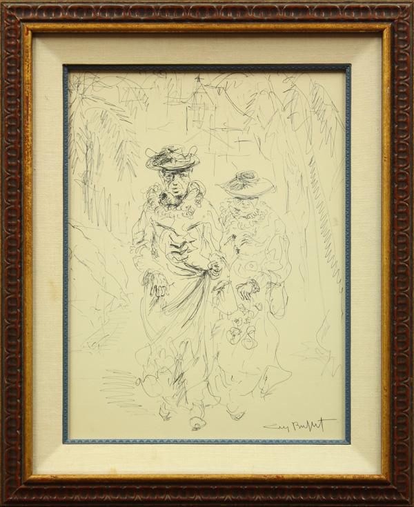 sketch, Guy Buffet, Women: Framed pen sketch, Two Women, by Guy Buffet (French, Contemporary), signed ''Guy Buffet'' lower right, sight: 15.5''h x 11.5''w, overall 21.5''h x 17.5''