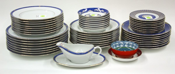 Christofle Oceana Bleu table service: (lot of 51) Christofle Oceana Bleu table service for eight, consisting of dinners 10.5'', luncheons, soups, salads, all 8.75'', breads 6'', berry bowls 5.5'', gravy boat with saucer 3''h, together wit