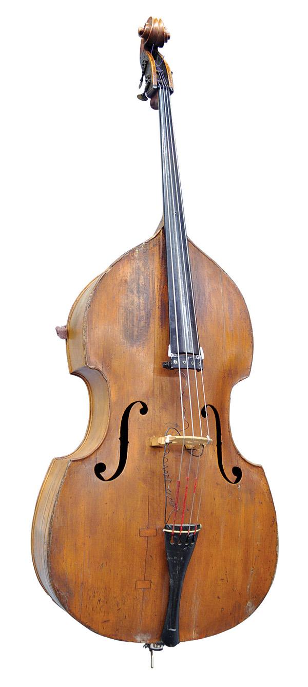 Dave Lario's upright double bass (Viola): Dave Lario's upright double bass, the spruce flat two-piece back of horizontal narrow curl with double-purfled edge, having extensive lozenge and arrow-shaped inlaid decoration, the ribs of medium cur