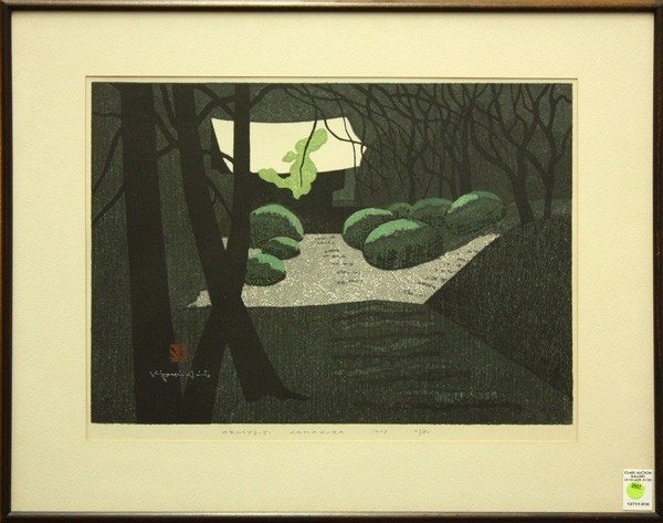 Japanese Modern Print, Kiyoshi Saito: Framed Japanese woodblock print, by Kiyoshi Saito (1907-1993), entitled Kencyo-ji [sic], Kamakura, dated in pencil 1972, edition notation 43/80, signed on the left in white ink, sealed 'Kiyoshi,' over