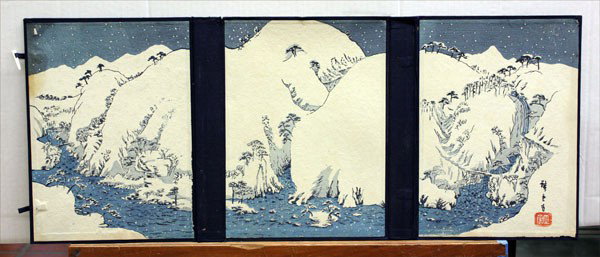 Japanese Two Volumes on Hiroshige, Noguchi, 1940: (lot of 2) Japanese two-volume book set, ''Hiroshige,'' by Yone Noguchi, published by Kegan Paul, Trench, Trubner & Co./Maruzen: London & Tokyo, 1940; navy blue cloth folio encloses two volumes bound 