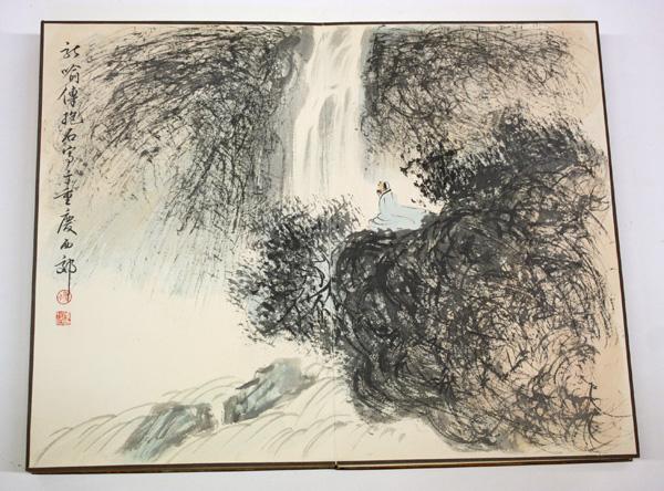 Chinese Album, Fu Baoshi (after), Figures: Chinese album with eight double-pages, Figures in Landscape, after Fu Baoshi (1904-1965), ink and color on paper, each double-page inscribed with colophon and bears signature 'Fu Baoshi', sealed 'Fu'