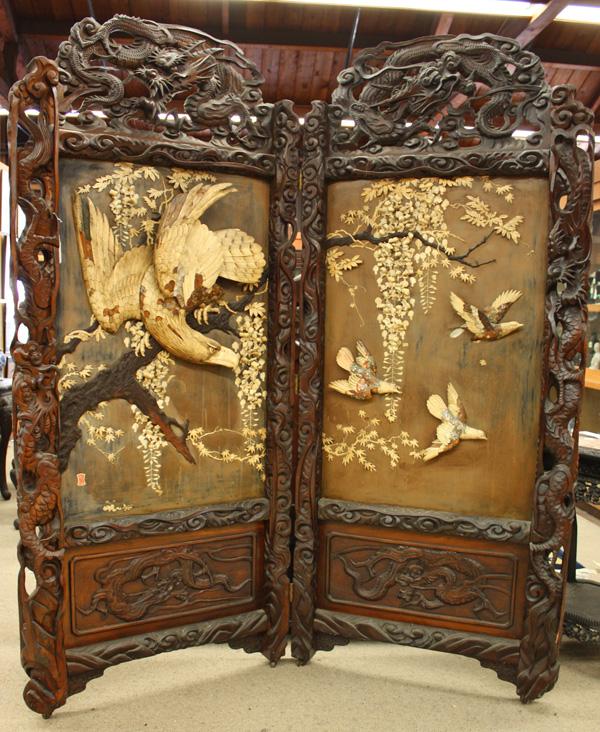 Japanese Massive Inlaid Wood Screen, Meiji Period: Japanese massive inlaid two-panel wooden screen, Meiji Period, one panel featuring three doves in flight amid maple branches and flowering wisteria, their progress watched by a majestic eagle perched