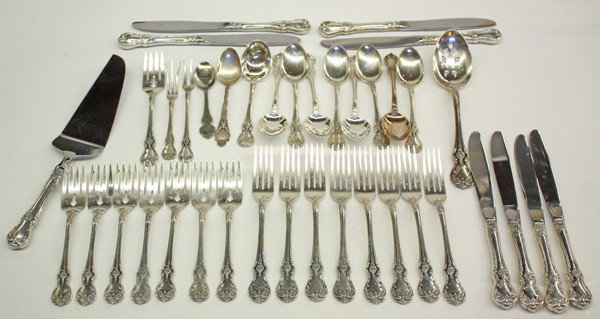 Towle sterling silver flatware: Towle sterling silver ''Old Masters'' partial service for eight with four pieces per place setting comprising place knives, place forks, teaspoons, and salad forks; cake cutter, pierced serving spoon,