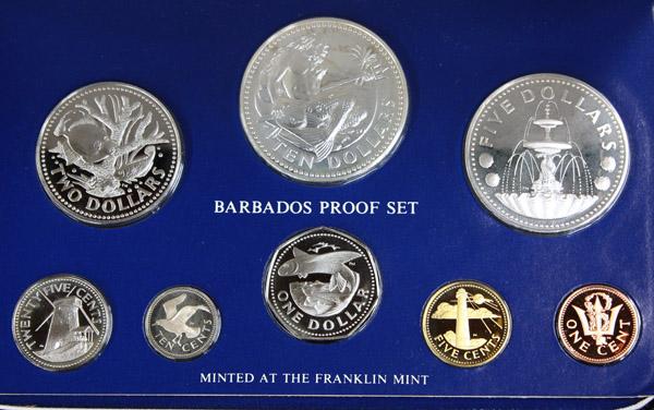 Barbados Franklin Mint Proof Sets: (lot of 5) Barbados Proof Sets dated 1974, 1976, 1978, 1983, 1984. All in boxes with certificates