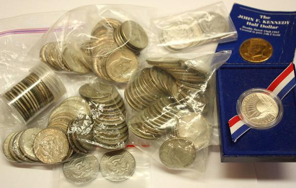 silver half dollar proof set: Lot of approximately (137) U.S. half dollar coins (mostly silver), including; (5) 1942, (1) 1943, (1) 1945, (1) 1963, (8) 1964, (5) 1965, (3) 1966, (43) 1967, (32) 1968, (33) 1969, (1) 1973, (1) 1974,