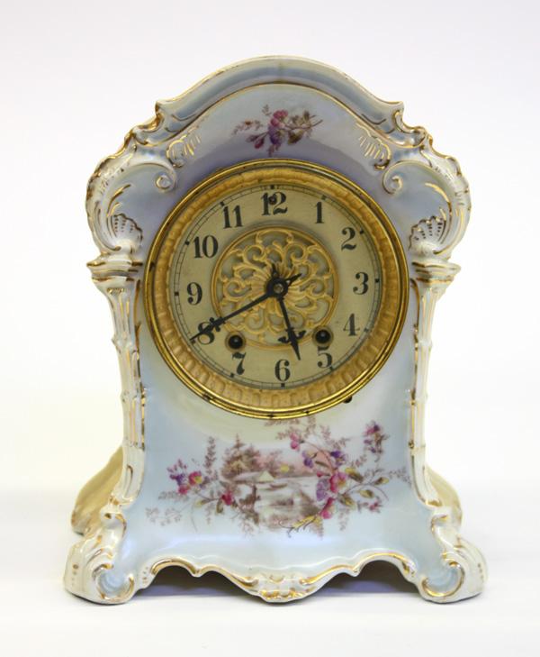 KPM porcelain and Waterbury clock: KPM porcelain and Waterbury clock in the Rococo style, 10''h