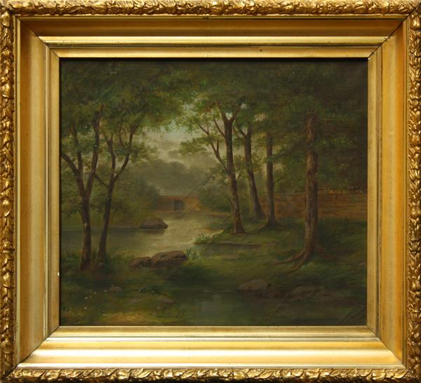 Painting, Woodland Scene: Framed oil on canvas, Woodland Scene with Stream and Bridge, Continental School (19th century), unsigned, sight: 12''h x 14''w, overall: 16.5''h x 18.5''w
