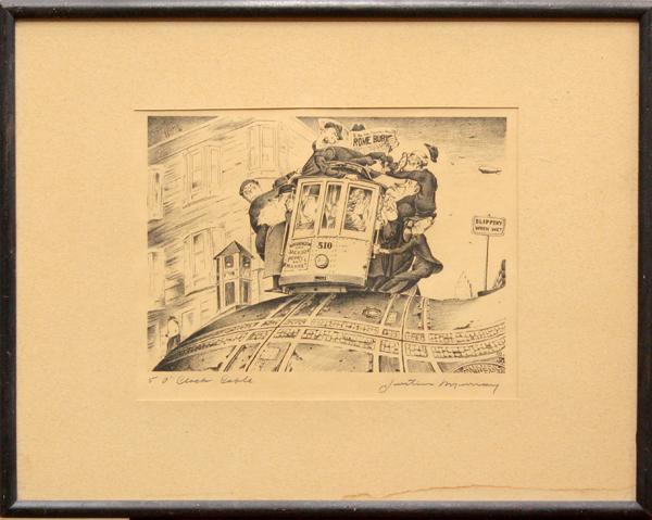 lithographs, Justin Murray, Cable Cars: (lot of 2) Framed lithographs by Justin Murray (Californian 1912-1987): ''5 O'clock Cable'' and ''Turn table,'' each signed in pencil ''Justin Murray'' lower right, each titled in pencil lower left, s
