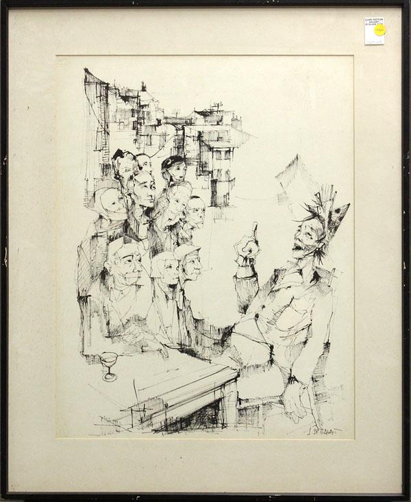 Drawings, Roger-Jean Segalat, The Suitors: (lot of 8)Framed pen and ink drawings by Roger-Jean Segalat (b. 1934), Cityscape with a Bridge, The Suitors, Town in Winter, Man Telling a Story, City Street in Winter, Women in the City, Woman in a B